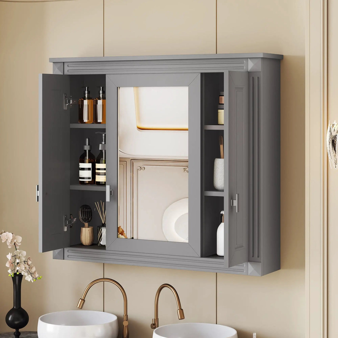 Wall Mounted Bathroom Cabinet With Mirror And 5 Shelves, Rectangular Design by Unique Piece Furniture