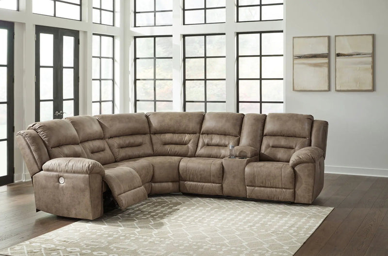 Ravenel - 3-Piece Power Reclining Sectional With Raf Power Reclining Loveseat With Console - Faux Leather - Fossil by Unique Piece Furniture