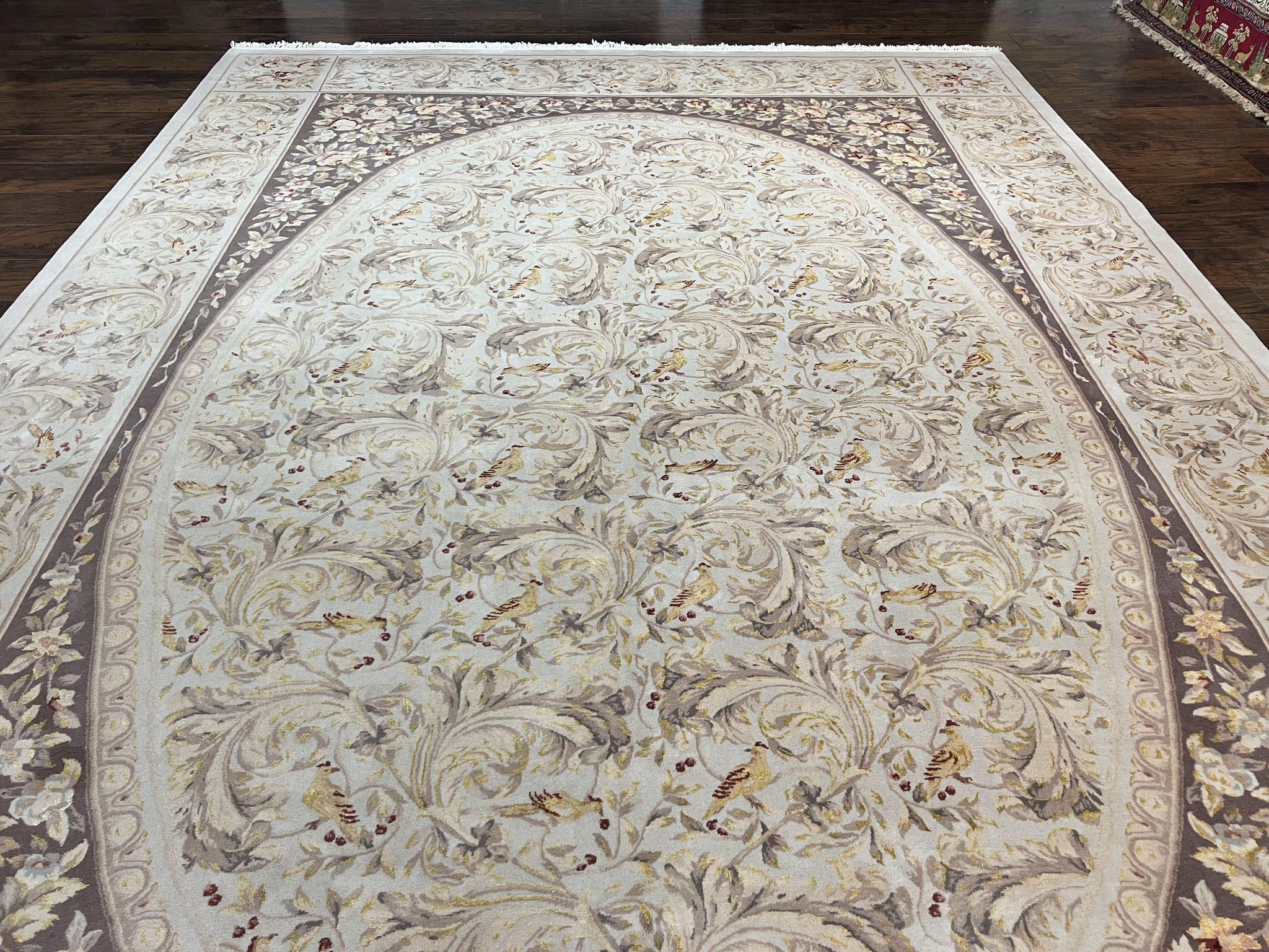 Aubusson Rug 10x14, Wool & Silk Highlights Hand Knotted Vintage Carpet, Birds Flowers, Fine Details, Elegant by Jewel Rugs