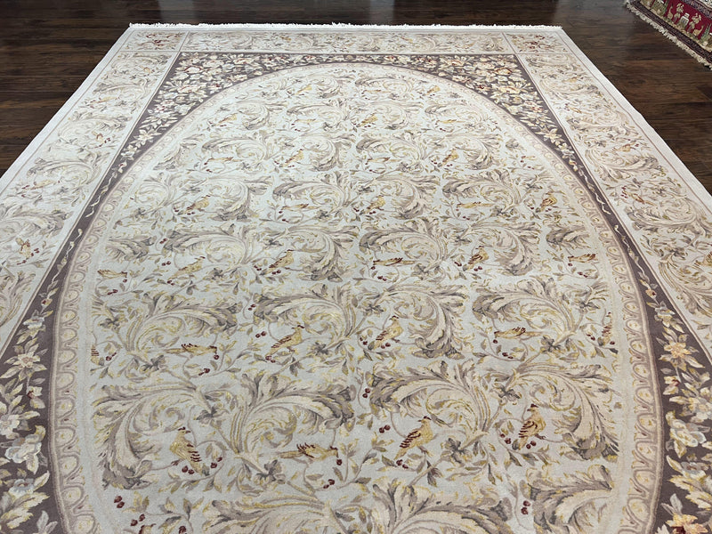 Aubusson Rug 10x14, Wool & Silk Highlights Hand Knotted Vintage Carpet, Birds Flowers, Fine Details, Elegant by Jewel Rugs