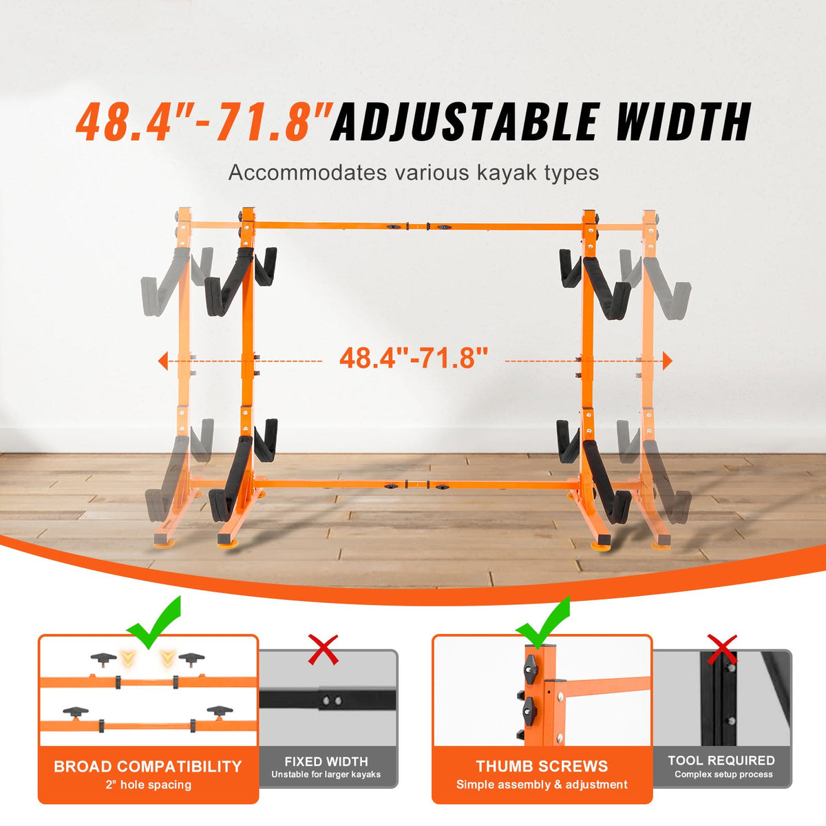 Freestanding Kayak Storage Rack with Adjustable Width - Orange or Natural, photo 9 of 10