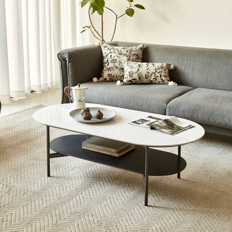 Contemporary Coffee Table Sintered Stone Surface With Ceramic Finish Double Layer Design Base Matte Shelf Modern Living Room Center Table - White / Gray by Unique Piece Furniture