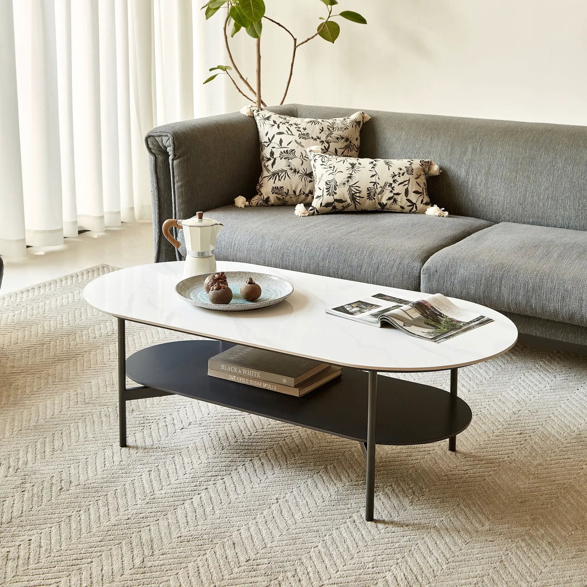 Contemporary Coffee Table Sintered Stone Surface With Ceramic Finish Double Layer Design Base Matte Shelf Modern Living Room Center Table - White / Gray by HouseOfZazla