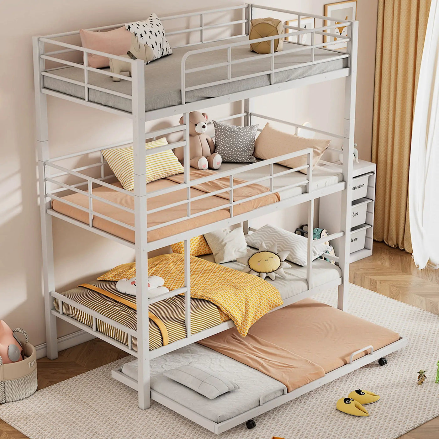 Triple Bunk Bed With Trundle, Heavy Duty Steel Construction by HouseOfZazla