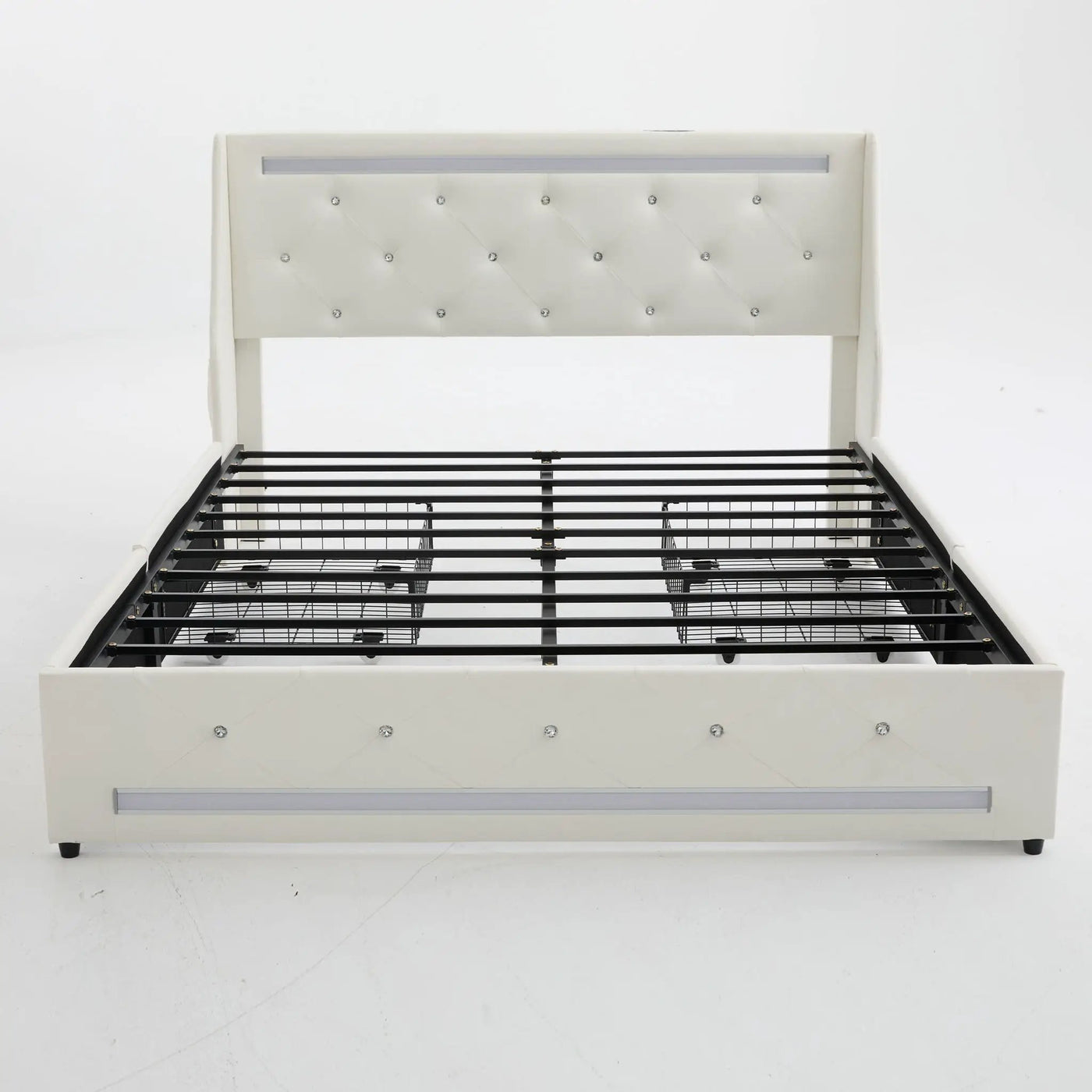 Wingback Upholstered Bed Frame With LED Lights, Charging Station by HouseOfZazla