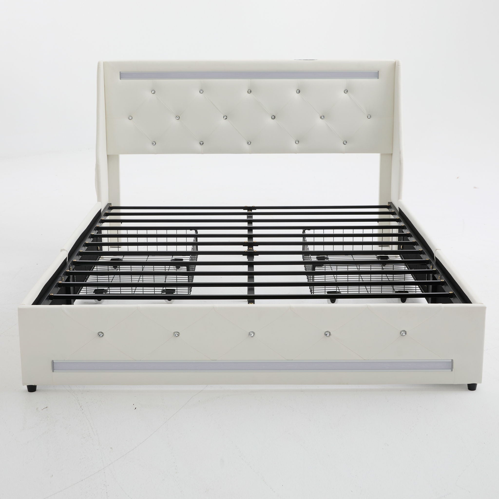 Wingback Upholstered Bed Frame With LED Lights, Charging Station by HouseOfZazla