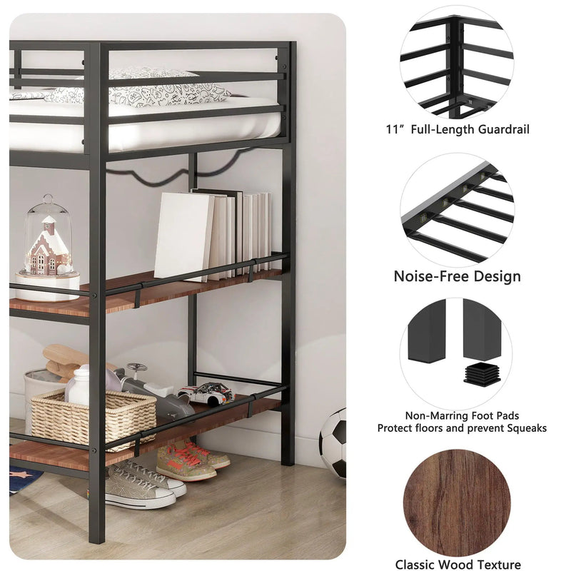 Adam - Twin Loft Bunk Bed With Cinnamon Wood Shelf - Black by HouseOfZazla