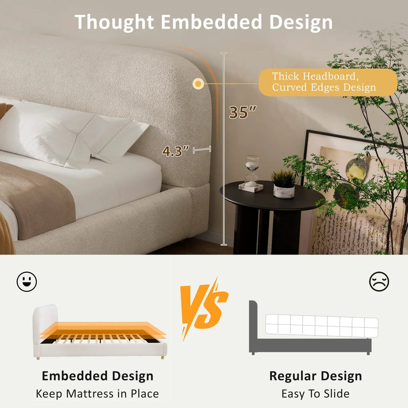 Queen Size Upholstered Bed With Boucle Fabric by HouseOfZazla
