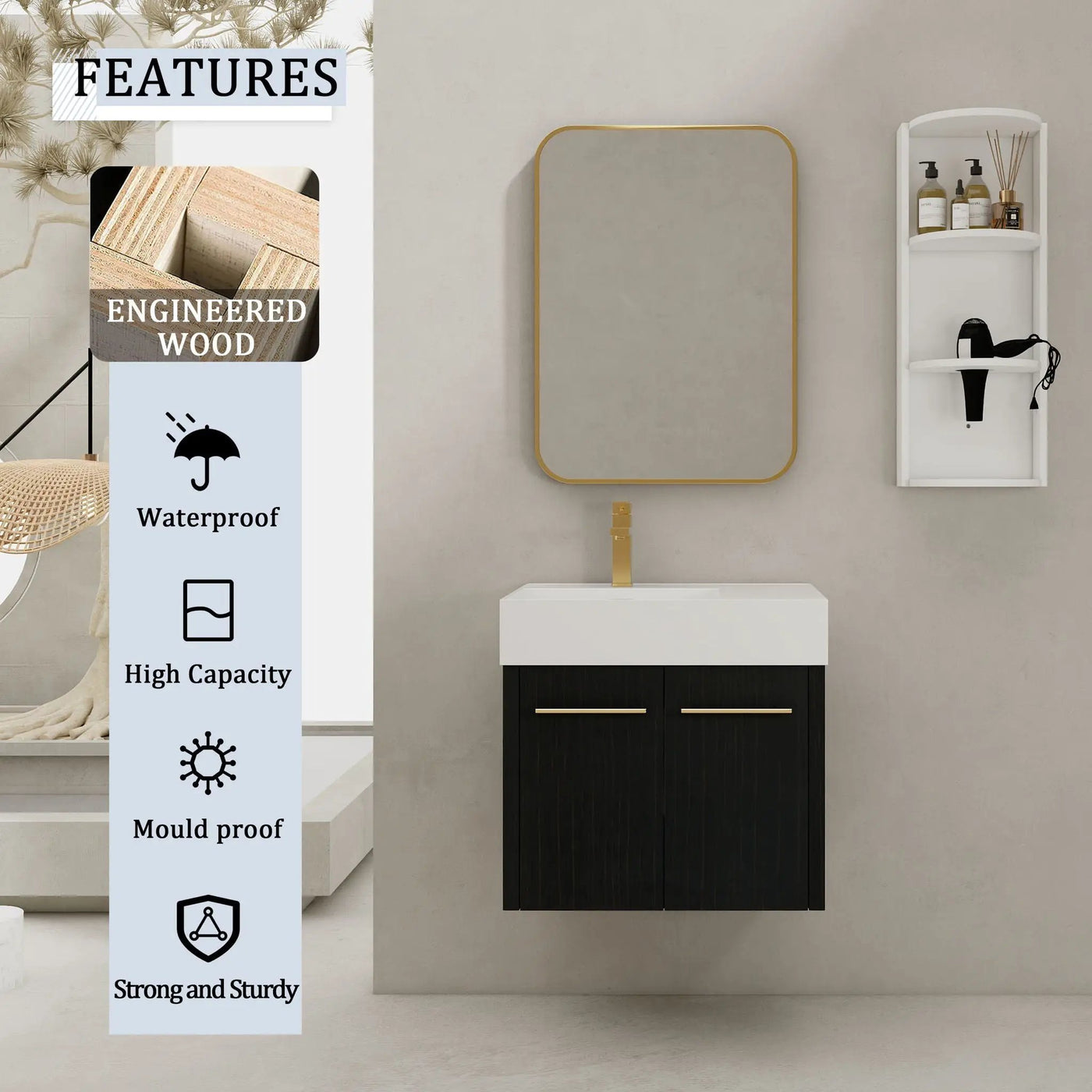 Modern Wall Mounted Bathroom Vanity with Resin Sink and Storage Rack by HouseOfZazla
