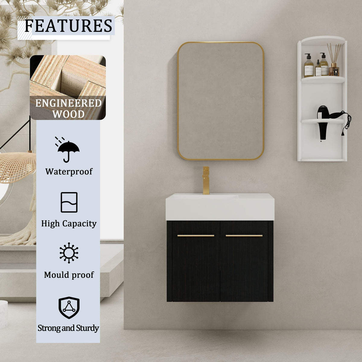 Modern Wall Mounted Bathroom Vanity with Resin Sink - Black, photo 12 of 16