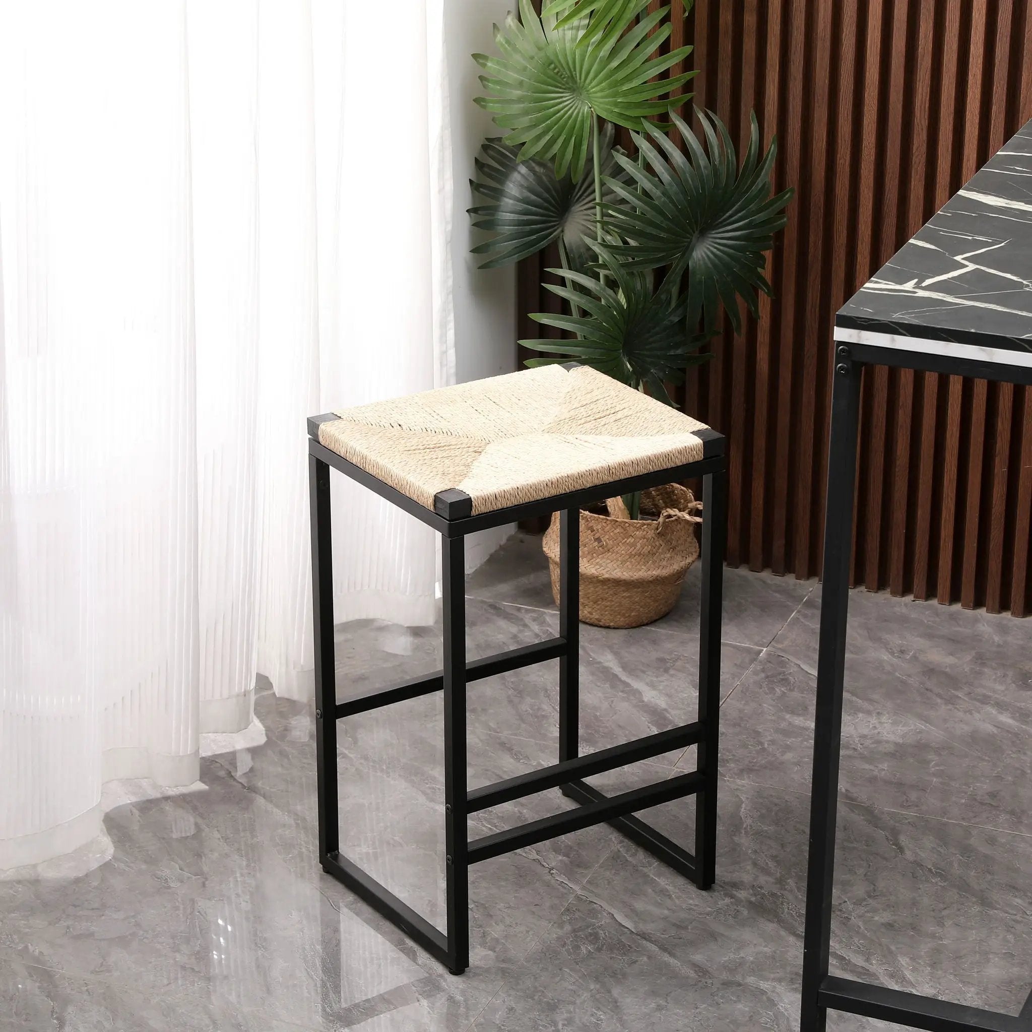 Boho Style Backless Bar Stools (Set of 2) With Paper Rope Woven Seat & Metal Frame For Kitchen Counter by Unique Piece Furniture
