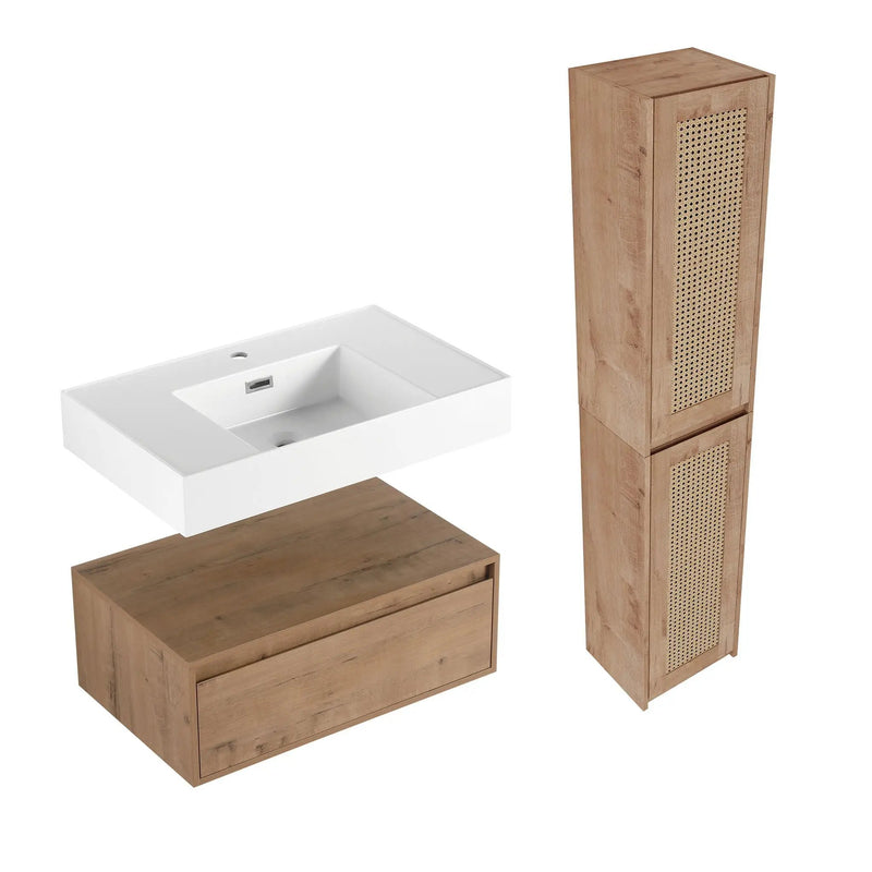 Modern Imitative Wall Mounted Bathroom Vanity With Resin Sink & 2 Side Cabinet, Soft Close Drawer - Imitative Oak by HouseOfZazla