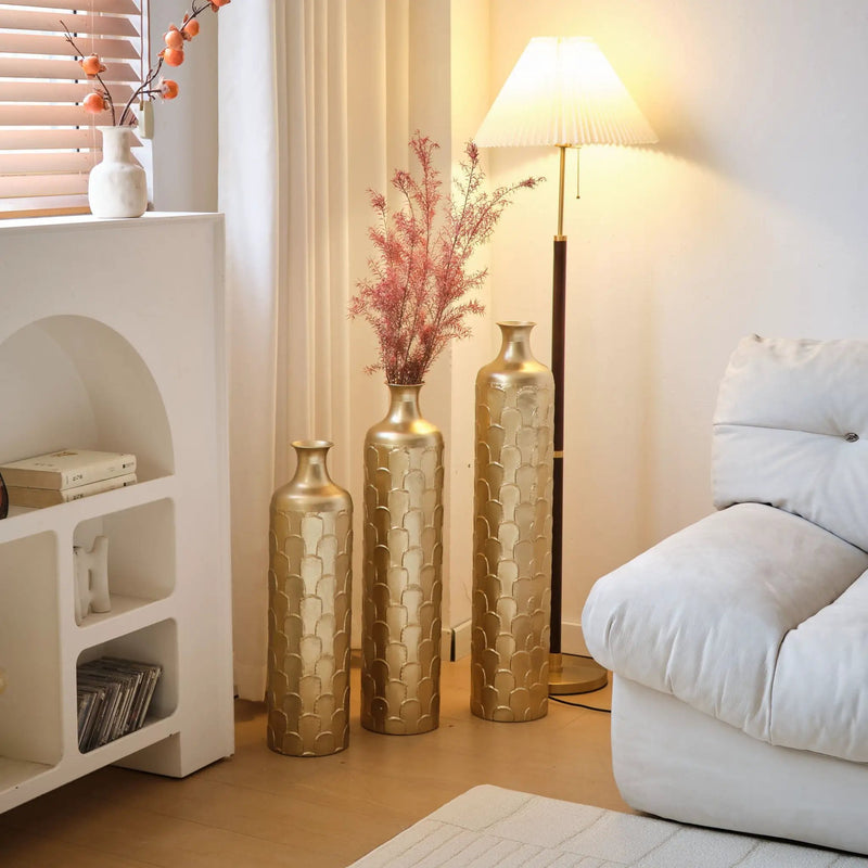 Floor Metal Vases Decorated White Metal Vases (Set of 3) Gorgeous Home Decoration Large Glazed Metal Vases - Golden by HouseOfZazla