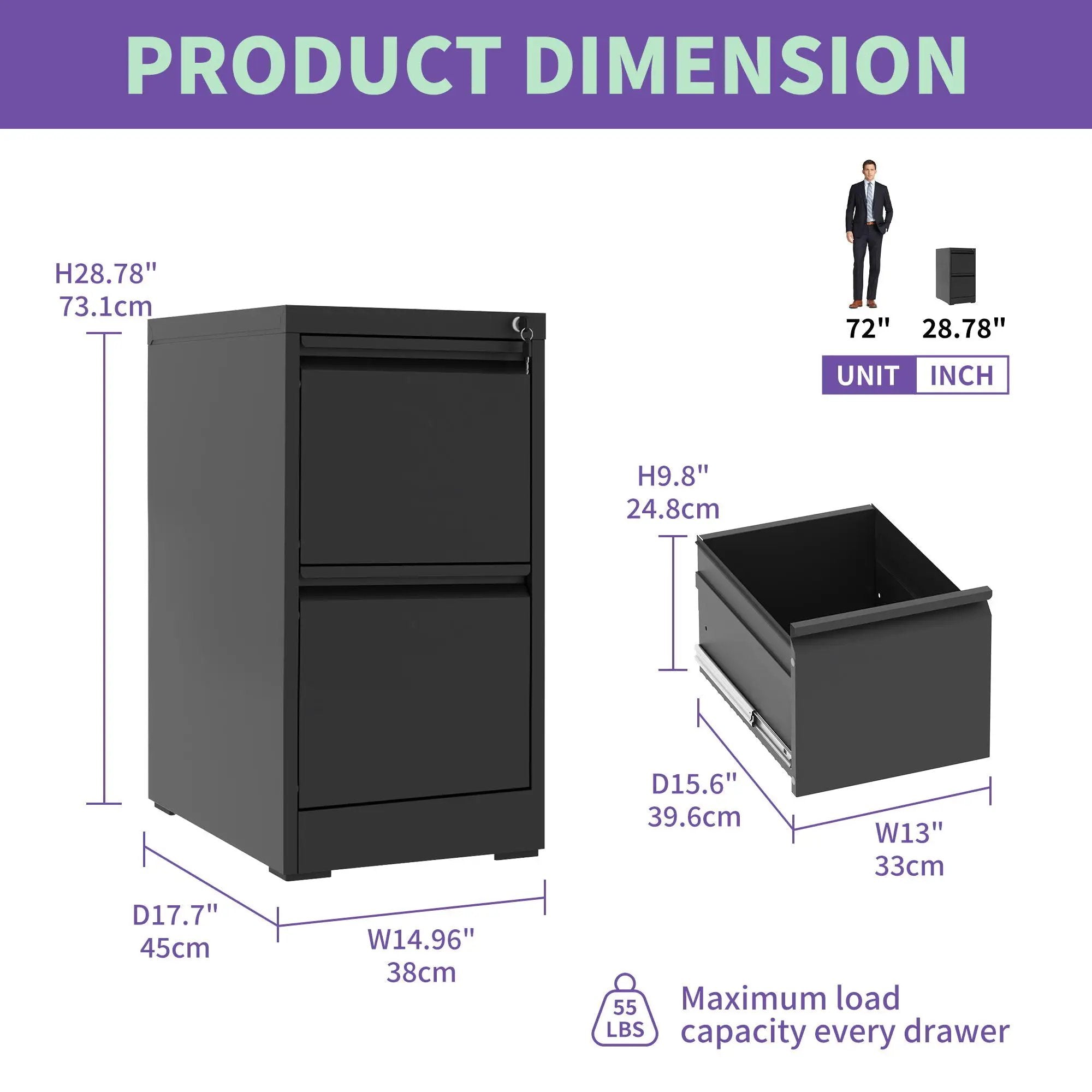 Steel Drawer Vertical File Cabinet With Lock For A4 Legal / Letter Size by Unique Piece Furniture