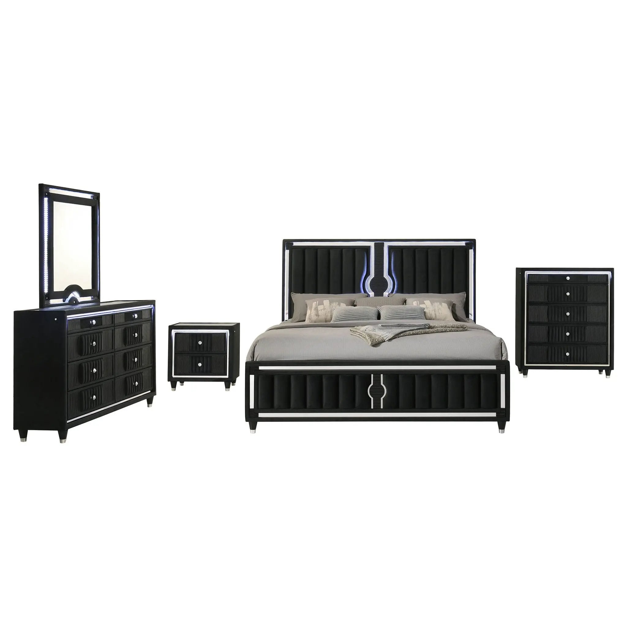 Ravenne 5-piece Velvet Upholstered California King LED Bedroom Set Black by Unique Piece Furniture