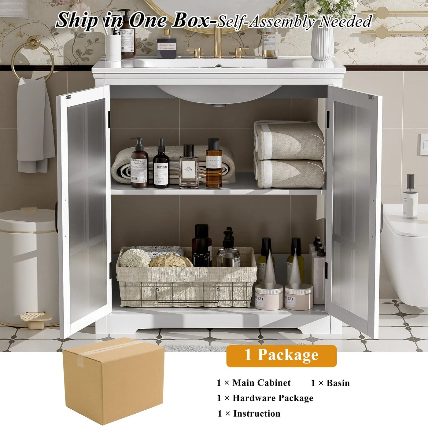 Modern Bathroom Vanity With Ceramic Sink, Tempered Blurred Glass Doors by HouseOfZazla