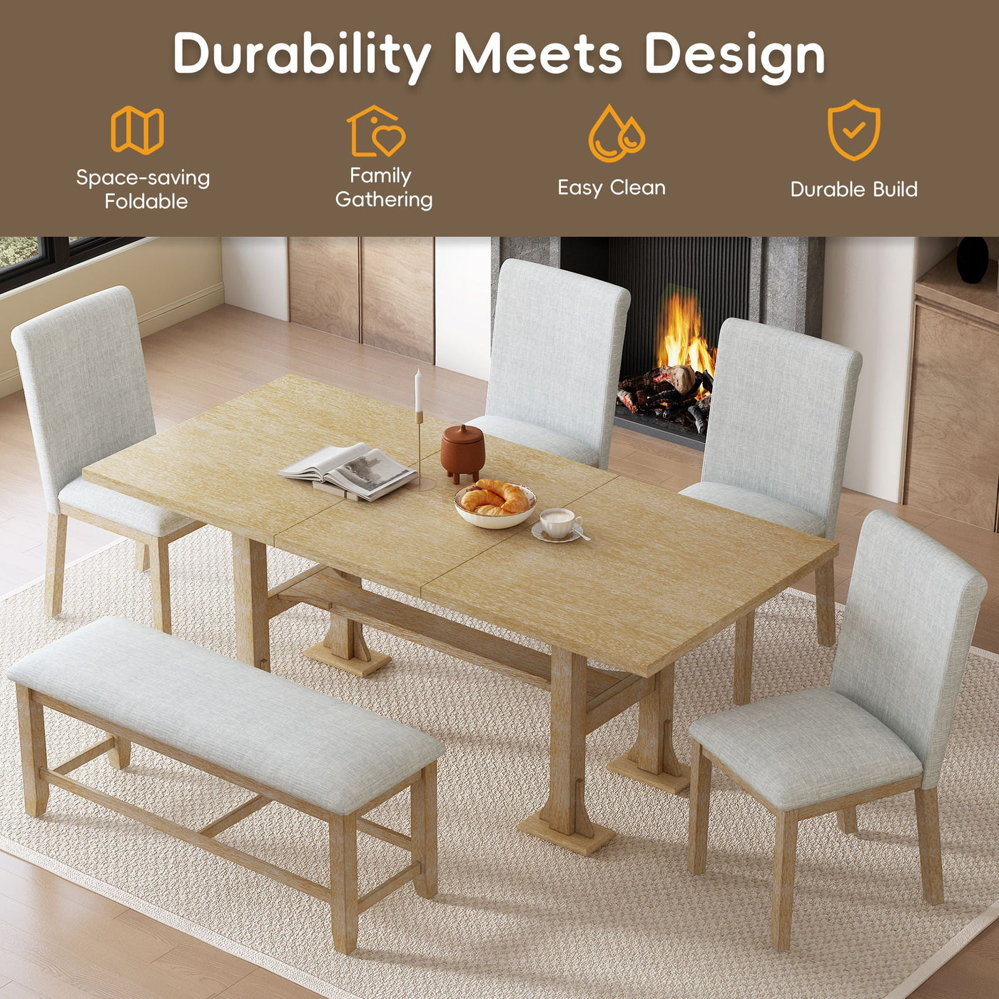 Topmax - 6 Piece Farmhouse Extendable Dining Table Set Trestle Kitchen Table Set With Removable Leaf And Upholstered Dining Chair And Bench For Dining Room by Unique Piece Furniture