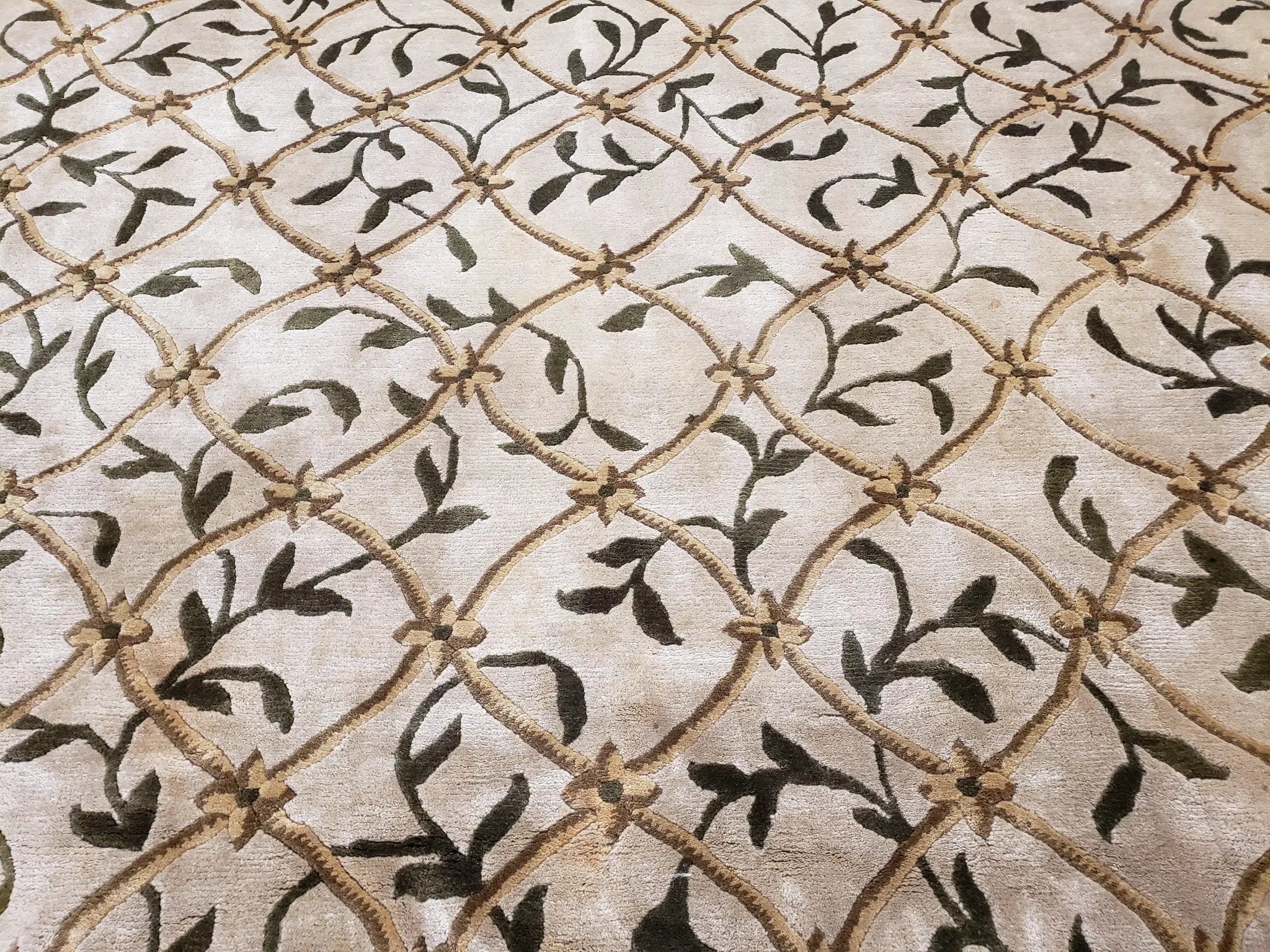 Vintage Tibetan Nepalese Area Rug 9x12, Wool Hand-Knotted, Beige Nepali Soft Pile Carpet, 9 x 12 Living Room Modern Dining Room Rug by Jewel Rugs