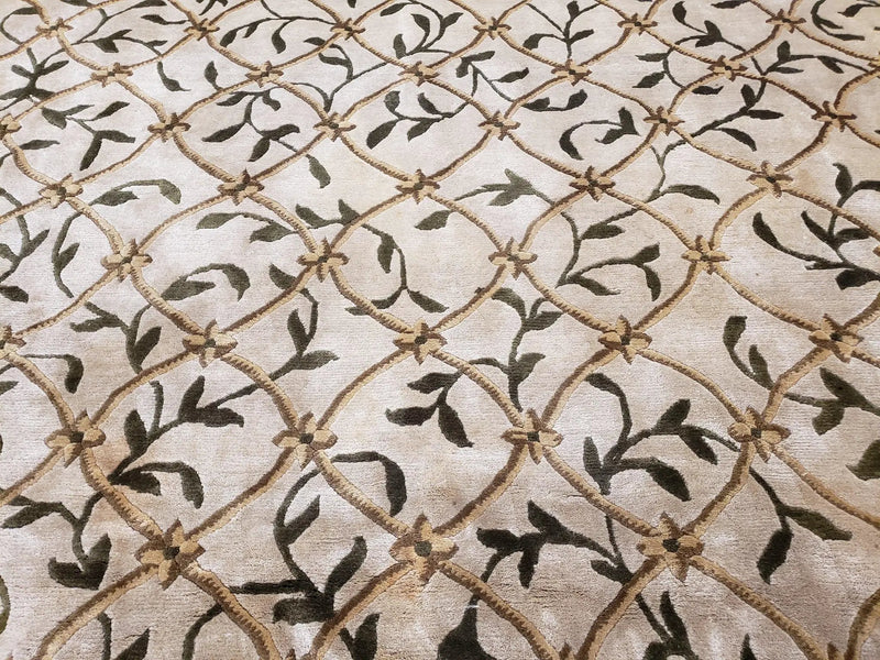 Vintage Tibetan Nepalese Area Rug 9x12, Wool Hand-Knotted, Beige Nepali Soft Pile Carpet, 9 x 12 Living Room Modern Dining Room Rug by Jewel Rugs