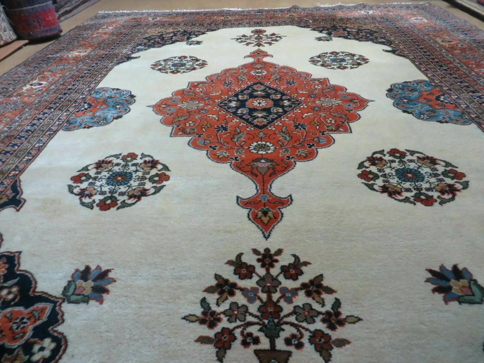 Indo Persian Rug 9x12, Semi Open Field Medallion, Ivory Tomato Red Navy Blue, Hand Knotted Indian Oriental Wool Carpet 9 x 12 ft, Room Sized by Jewel Rugs