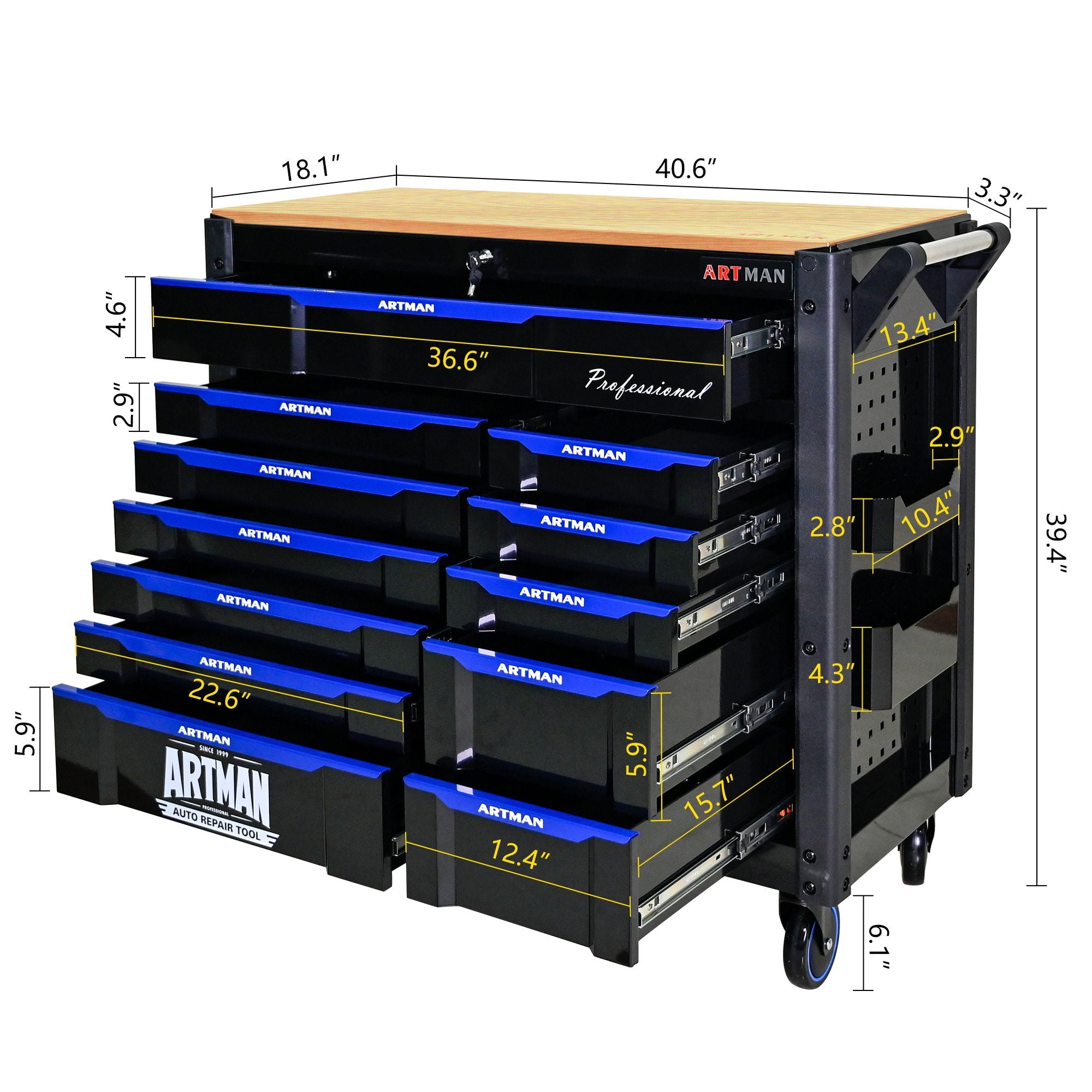 12 Layer Drawer Multi Purpose Tool Cart With Wheels And Wooden Countertops - Black / Blue by HouseOfZazla