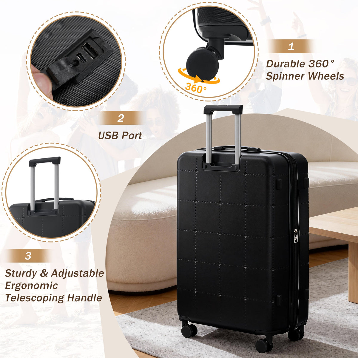 Hardside Luggage Set 5 Piece with USB Port & TSA Lock - Black, photo 8 of 10