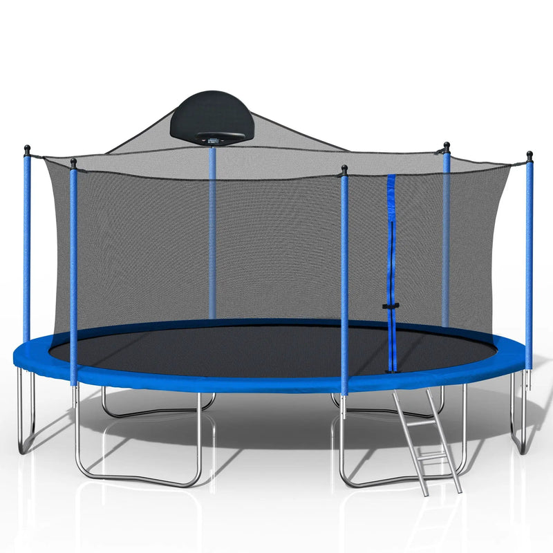 14Ft Trampoline For Adults & Kids With Basketball Hoop, Outdoor Trampolines With Ladder And Safety Enclosure Net For Kids And Adults - Blue by HouseOfZazla