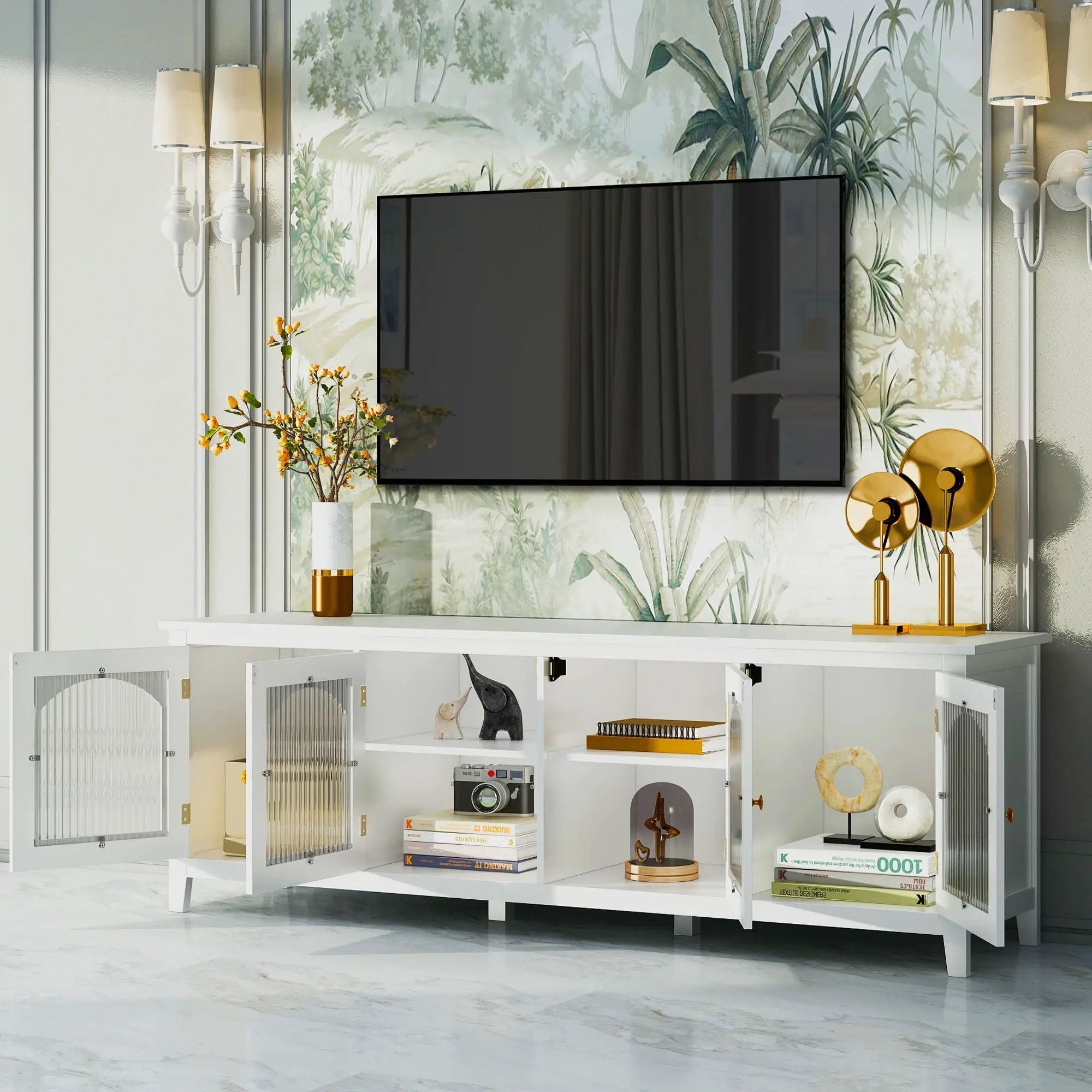 StylishTVcabinet Entertainment CenterTV Stand, TVconsoletable, Media Console, Solidwood Frame, Changhong Glass Door, Metal Handle by Unique Piece Furniture