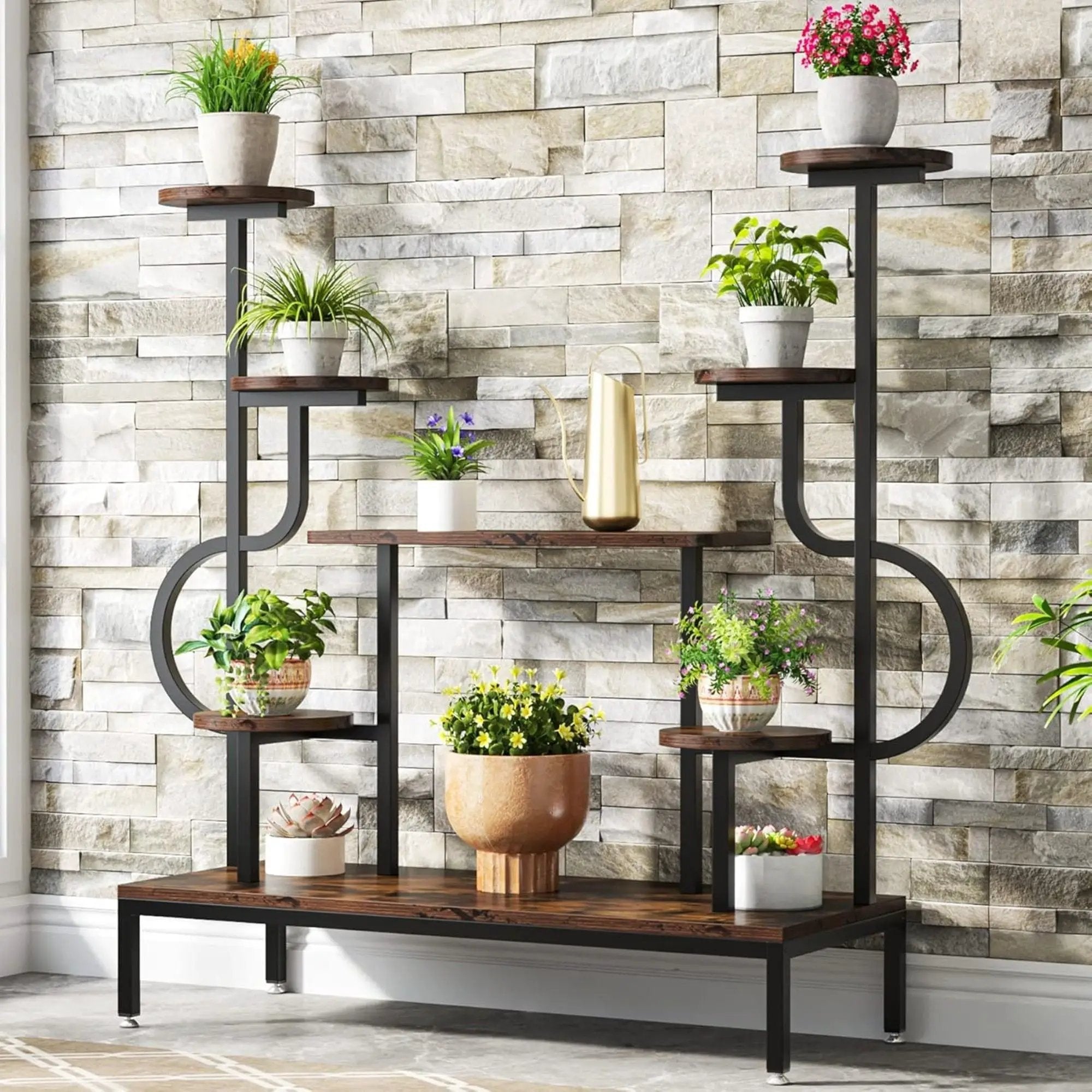 8 Tier Plant Stand With Round And Square Shelves For Living Room, Patio, Balcony & Garden - Brown / Black by HouseOfZazla