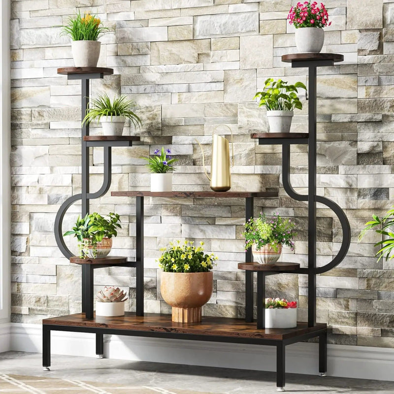 8 Tier Plant Stand With Round And Square Shelves For Living Room, Patio, Balcony & Garden - Brown / Black by HouseOfZazla