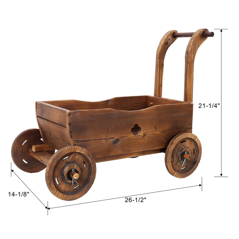 Wooden Wagon Planter Box Mobile Garden Planter With Wheels Handle Drain Hole Wood - Brown by HouseOfZazla