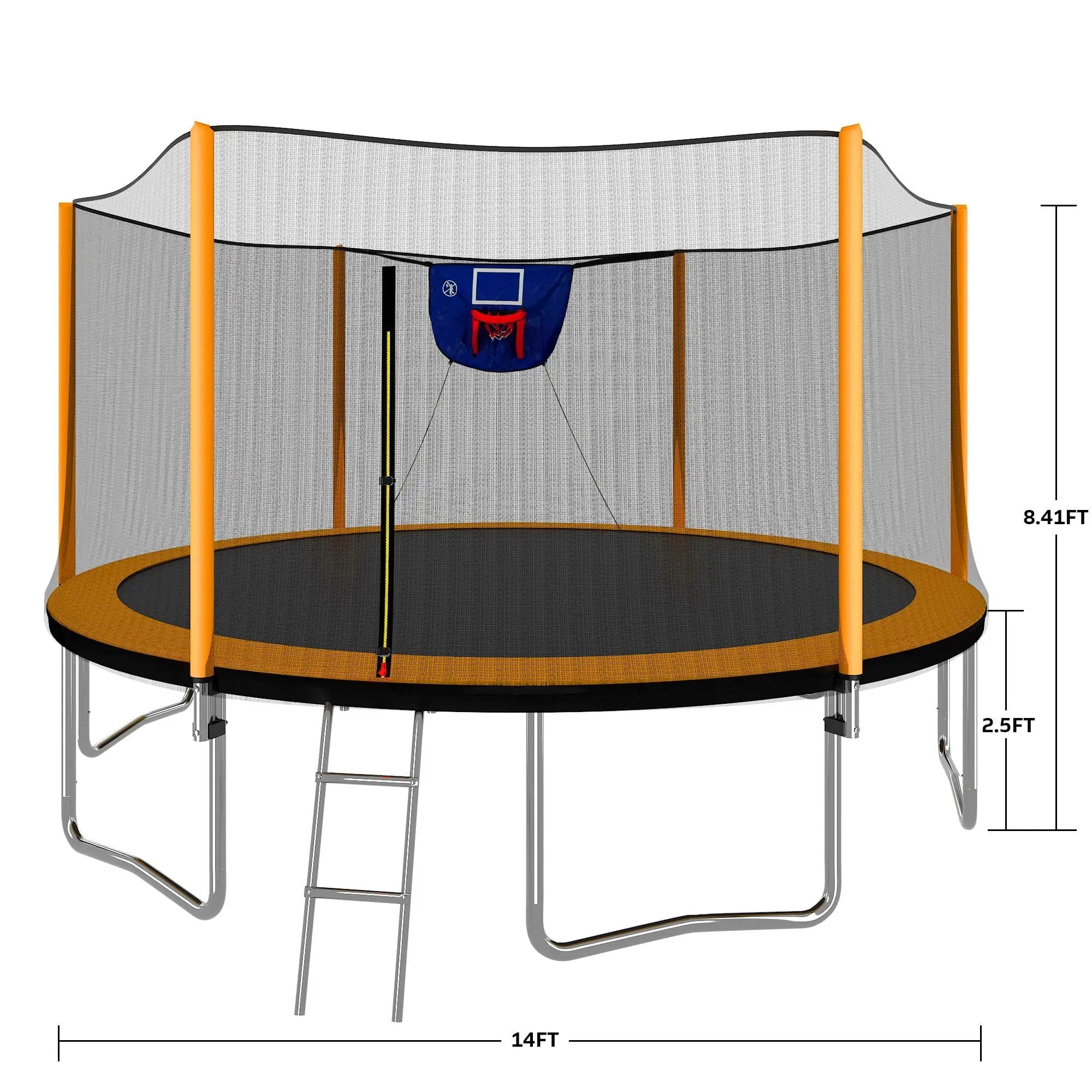 14Ft Powder Coated Advanced Trampoline With Basketball Hoop Inflator And Ladder (Outer Safety Enclosure) - Orange by HouseOfZazla