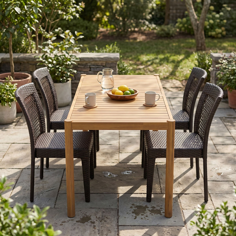 5-Piece Outdoor Dining Set, Acacia Wood Rectangular Patio Table & 4 PE Rattan Iron Frame Dining Chairs by HouseOfZazla