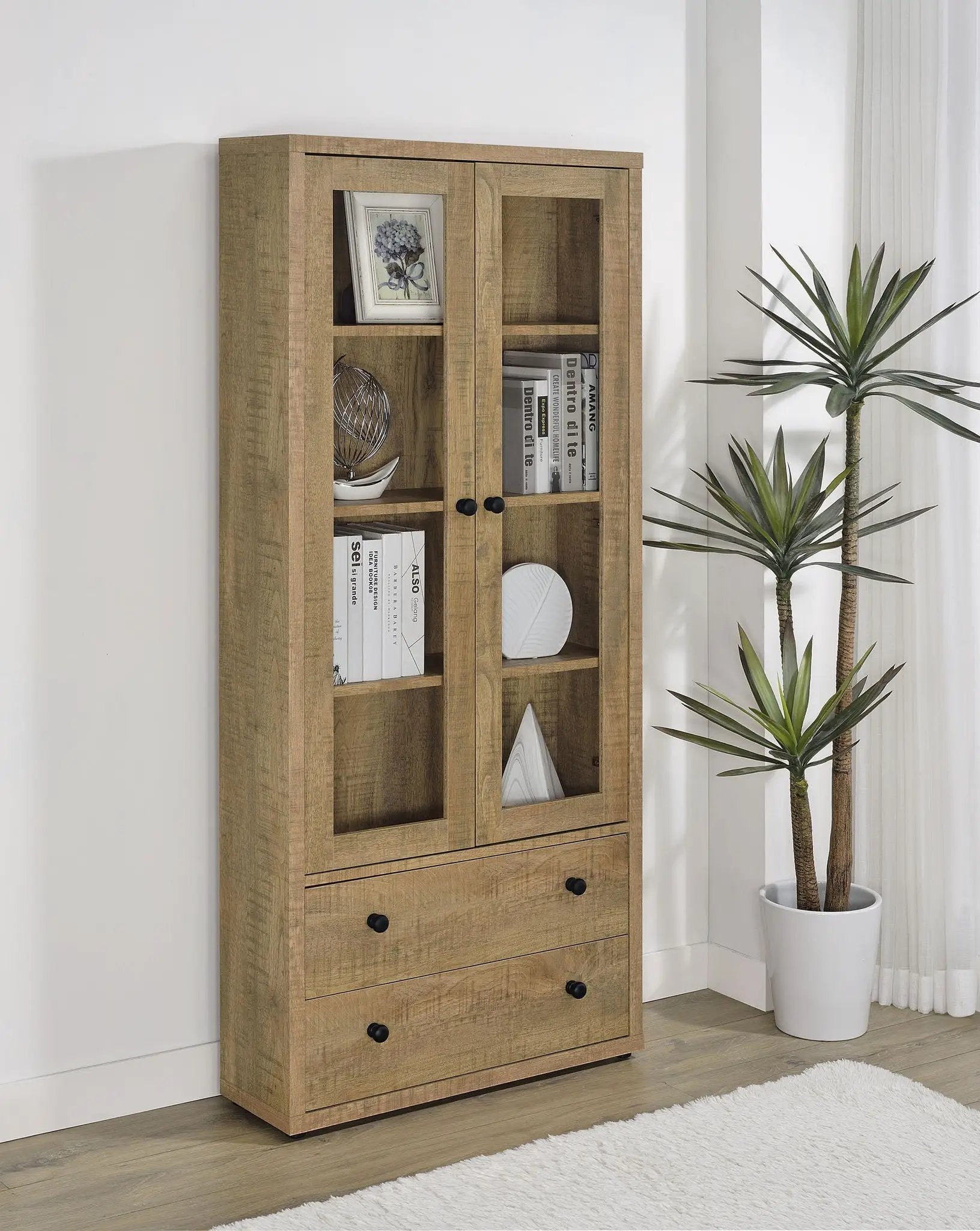 Hawthorne 4-shelf Glass Door Tall Cabinet with Drawers Mango by Unique Piece Furniture