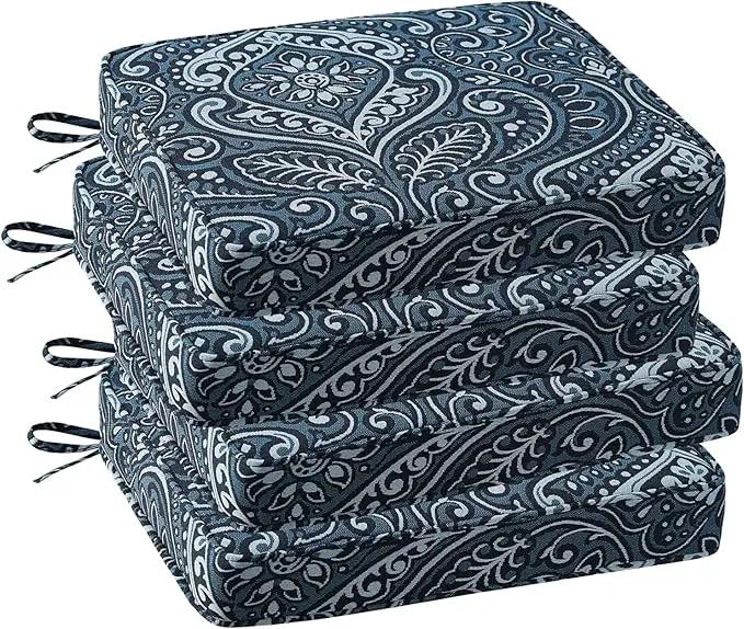 Outdoor Square Corner Seat Cushion, 18.5"x16"x3", Set of 4, Non Slip Seat Cushion Pads with Removable Cover for Patio Furniture, Garden Yard Lawn, Damask Vine by GreenHaven Gardens