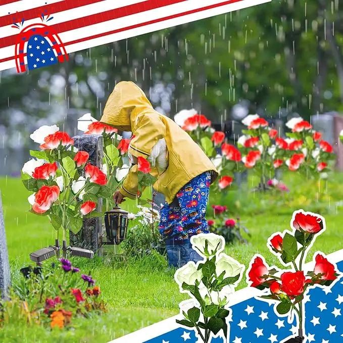 Woanger 4 Pcs Solar Flowers Cemetery Grave Decorations Outdoor LED Flower Lights with 6 Rose Powered Garden Stake Lights Waterproof for Independence Day Grave Decorations(Red, White) by GreenHaven Gardens