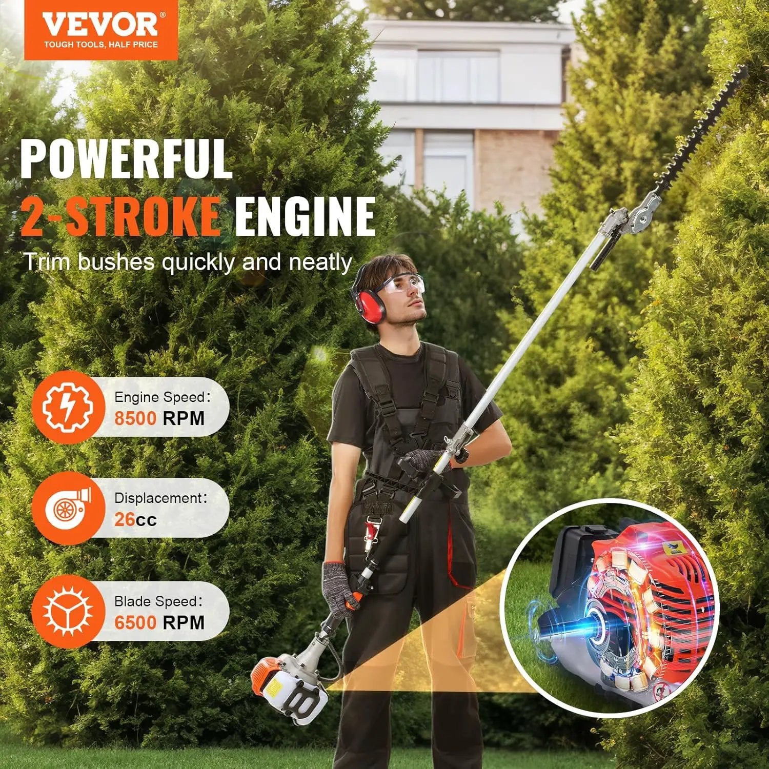 VEVOR 5-in-1 26cc 2 Cycle Gas Powered Dual Sided Hedge Trimmer, Weed Eater, String Trimmer, Edger, Pole Saw Chainsaw Pruner with EPA, CE and EMC Certification by GreenHaven Gardens