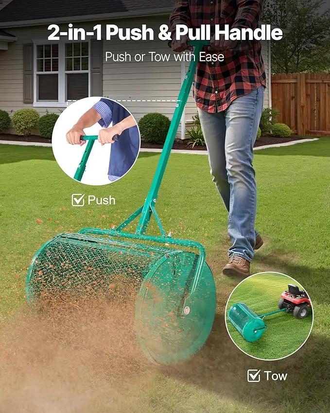 VEVOR Compost Spreader, 24 in Wide Peat Moss Spreader with Push/Tow Handle, 4 Heights Adjustable, Powder-Coated Steel Garden Peat Moss Roller, Heavy Duty Grass Seed Spreaders for Planting Seeding by GreenHaven Gardens