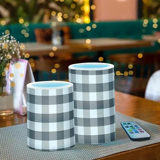 Flickering Flameless Candles, Black White Buffalo Plaid LED Candles with Remote Timer, Set of 2 Battery Operated Candle for Valentine Wedding Birthday by GreenHaven Gardens