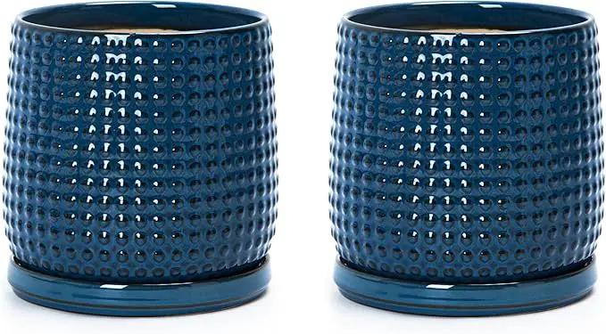 D'vine Dev Set of 2 Ceramic Plants Pots, 6 Inch Beaded Stoneware Flower Pot for Plants with Drainage Hole and Saucer, Midnight Blue, 27-E-X-3 by GreenHaven Gardens