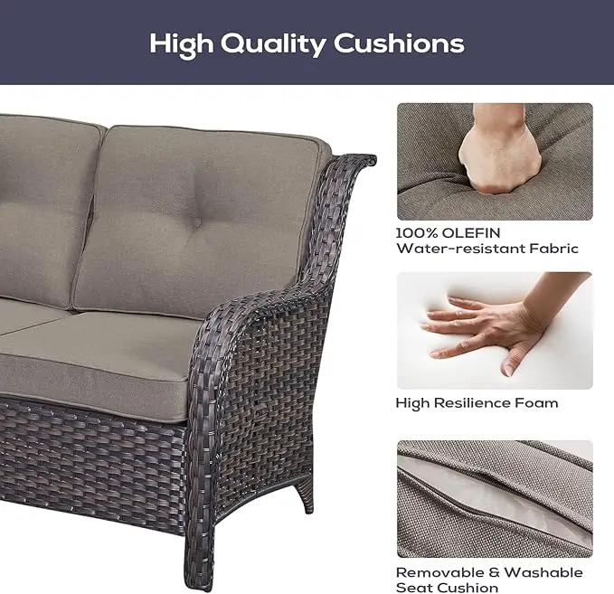 Outdoor Sectional Sofa Furniture Set with Propane Fire Pit Table, Wicker Patio Conversation Set with 2 Swivel Glider Rocker Chairs Grey Cushion Perfect for Backyard Casual Gathering by GreenHaven Gardens