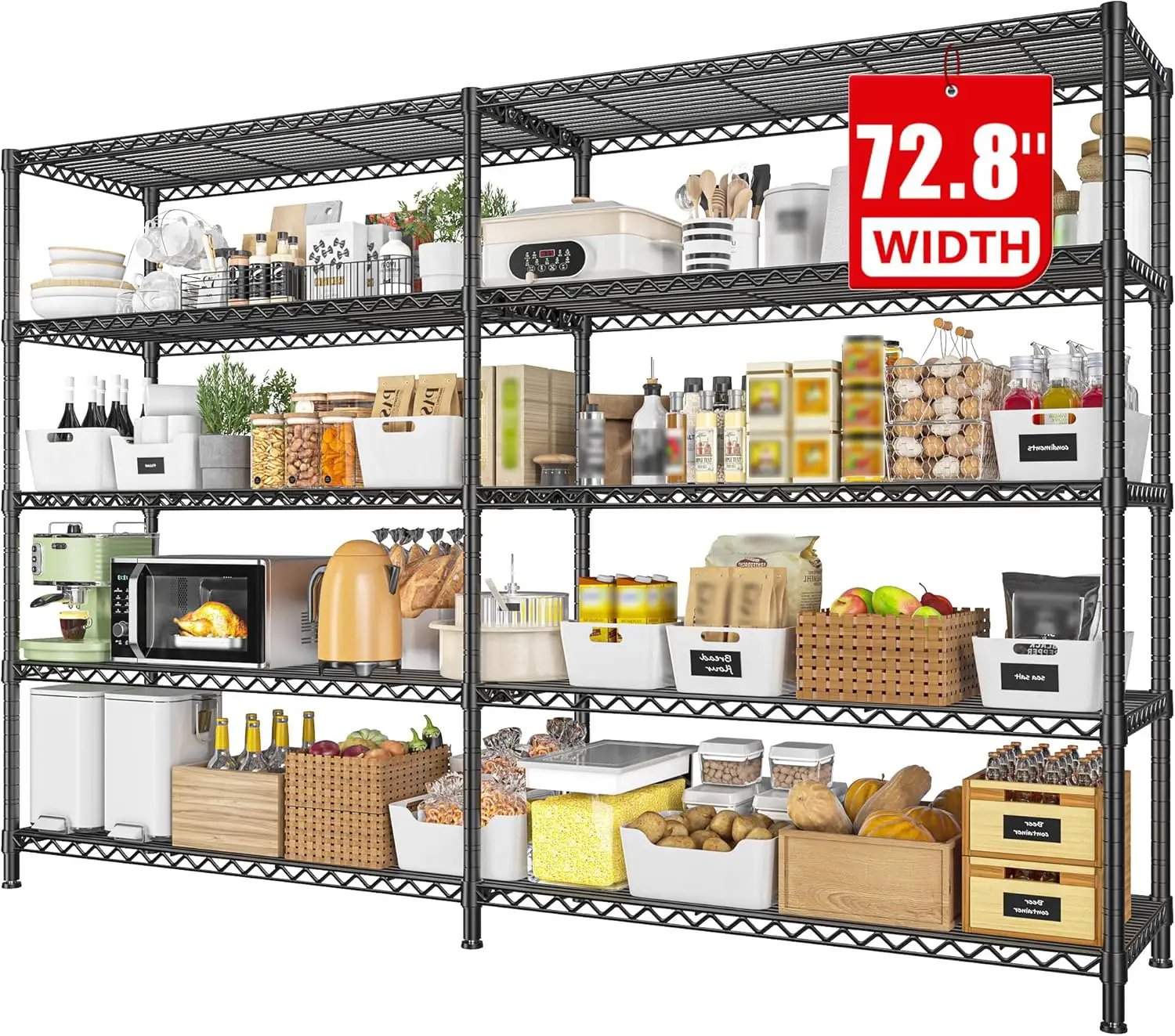 REIBII 72.8" W Storage Shelves Load 1600LBS, 5 Tier Metal Shelving Unit Wire Shelving for Storage Rack Heavy Duty Metal Shelves for Garage Pantry Kitchen, 17.7" D x 72.8" W x 70.9" H by GreenHaven Gardens