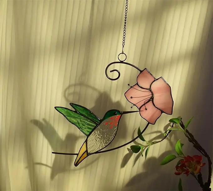 Lolitarcrafts Hummingbird with Flower Stained Glass Suncatcher Bird Stained Glass Window Hangings Hummingbird Gift for Home Decor (Green with Flower) by GreenHaven Gardens