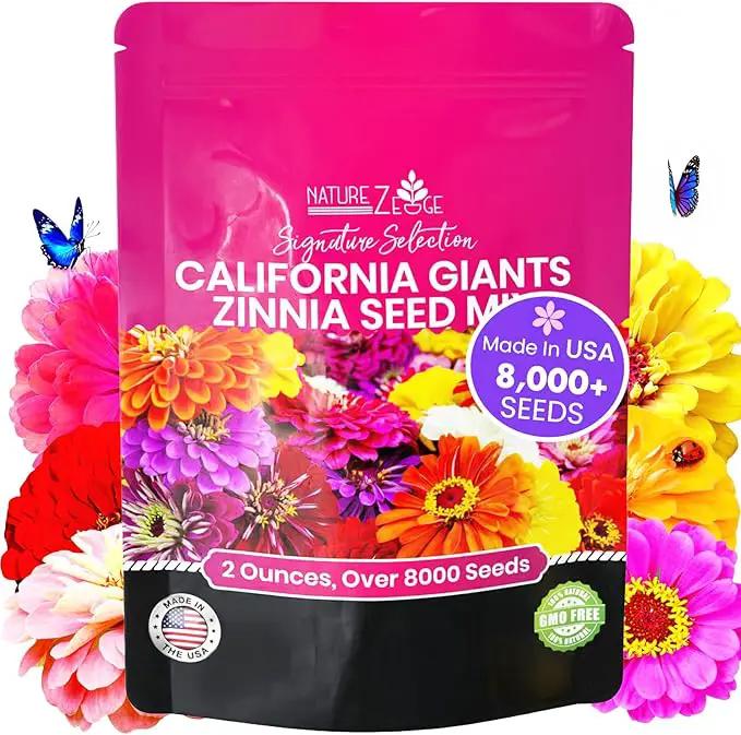 NatureZ Edge Zinnia Seeds for 2025 Planting Outdoors, Over 8250 Flower Seeds, 2 Oz, Non GMO Made in USA, Bulk Semillas De Flores para Sembrar, California Giants, Easy to Grow Zinnia Seed Mix by GreenHaven Gardens