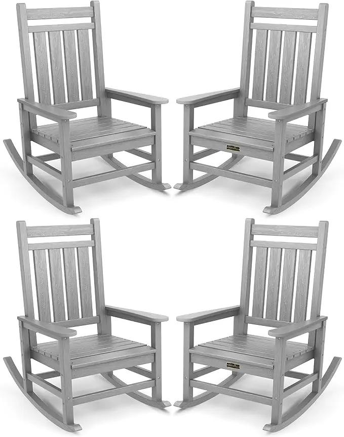 SERWALL Oversized Outdoor Rocking Chair Set of 4, HDPE Rocker for Adults, Patio Rocking Chairs for Porch, Sliver Gray by GreenHaven Gardens