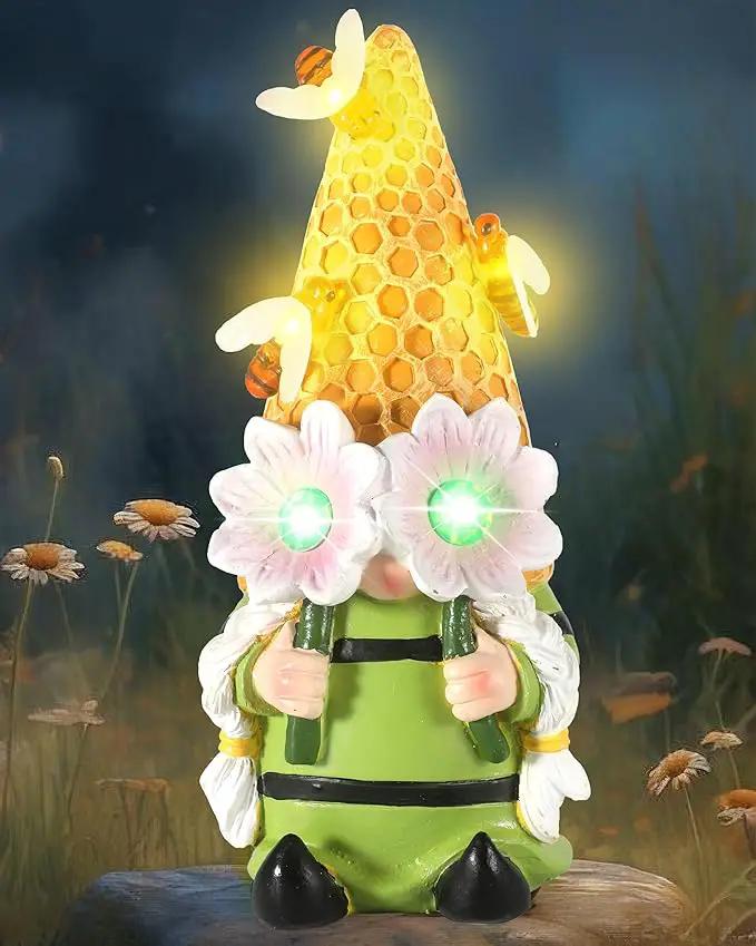 iStatue Solar Garden Gnome Figurine Light with Bees Sunflower, 9.5'' Resin Outdoor Statue for Yard Patio Decor Lawn Ornaments Porch Garden Gifts for Women/Girl (Ms Bee Gnome) by GreenHaven Gardens