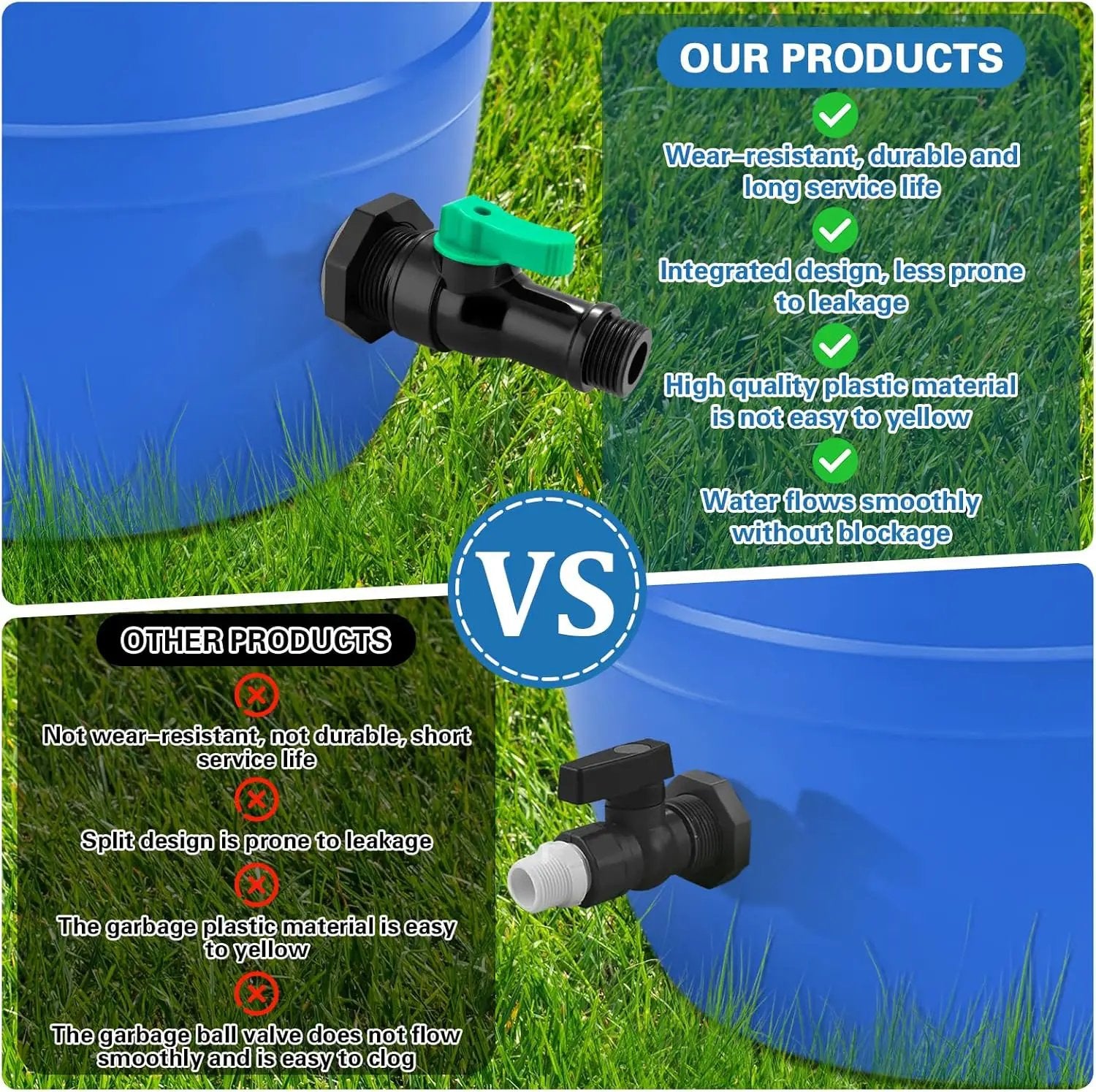 Plastics Rain Barrel Spigot Kit,High Flow Valve Core Water Tank Faucet+PVC Bulkhead Fitting,Straight Head 3/4 NPT to 3/4 GHT Rain Barrel Spigot for Plastic Bucket rainwater Drum Container by GreenHaven Gardens