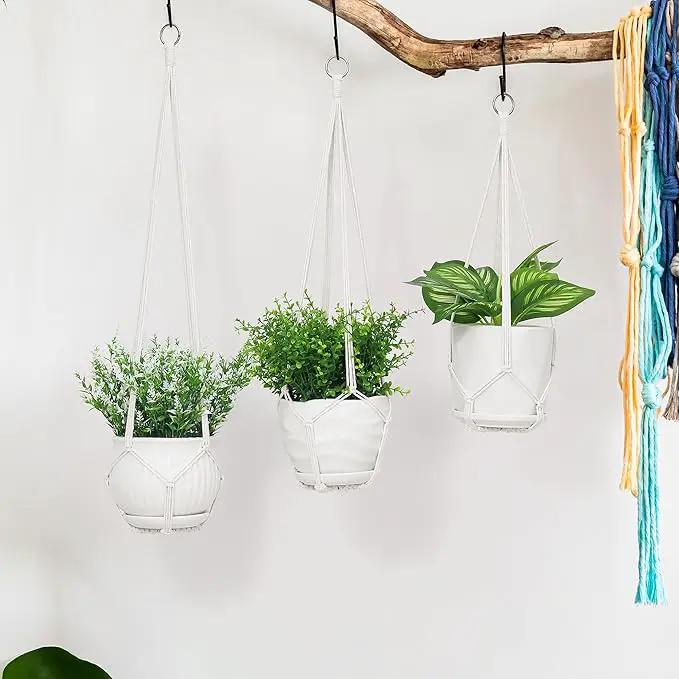 YIBOT 3 Pack Macrame Plant Hanger Indoor Hanging Planter Basket with 3 Hooks, 35"/29"/23" Crochet Plant Holder Stand No Tassels for Indoor Outdoor Boho Home Decor, Ivory (POTS NOT Included) by GreenHaven Gardens