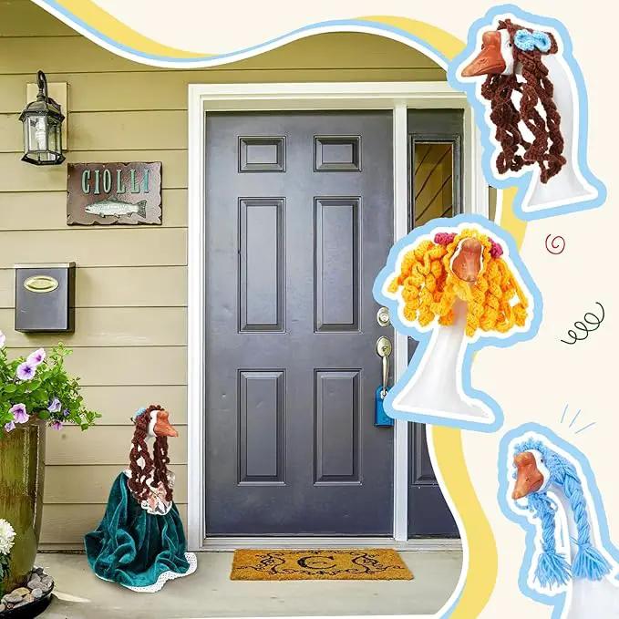 3 Pcs Porch Goose Outfit, Cute Porch Goosey Braid Wig, Crochet Hook Portico Goose Wig for Lawn Goosey Garden by GreenHaven Gardens