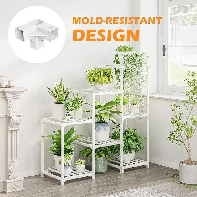 Bamworld Indoor Plant Stand Outdoor White Shelf Bamboo Plant Table for Multiple Plants 3 Tiers 7 Pots Ladder Holder Pot Window Garden Balcony Living Room by GreenHaven Gardens